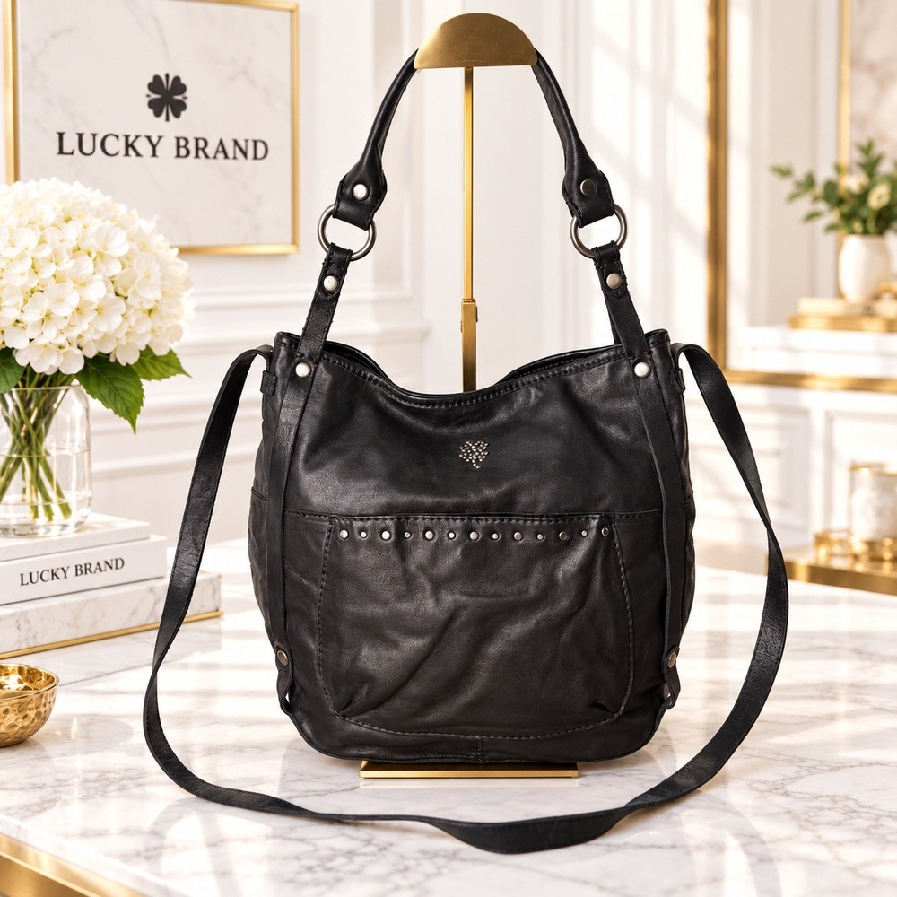 Lucky Brand Black Leather Studded Hobo Shoulder Bag Crossbody Purse